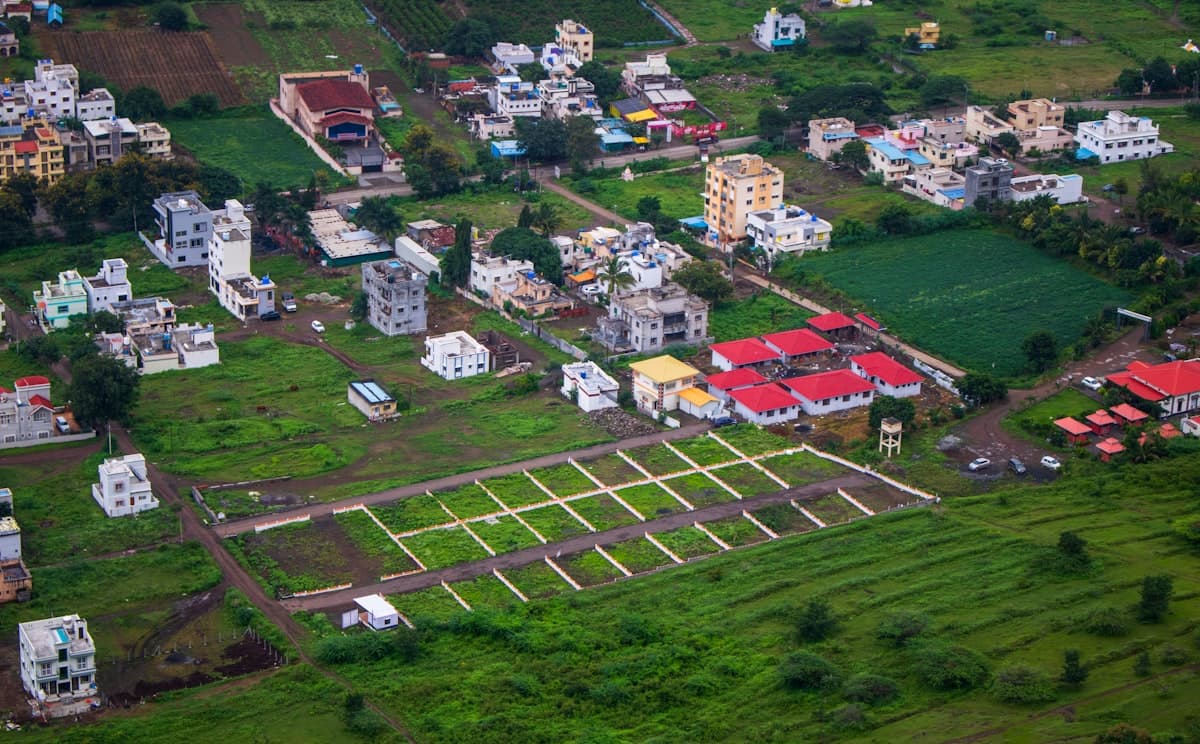 Aerial view of a residential area with surveyed plots