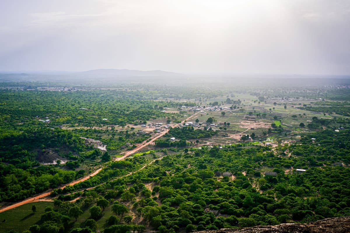 Expansive green landscape with an access road and a town in the distance